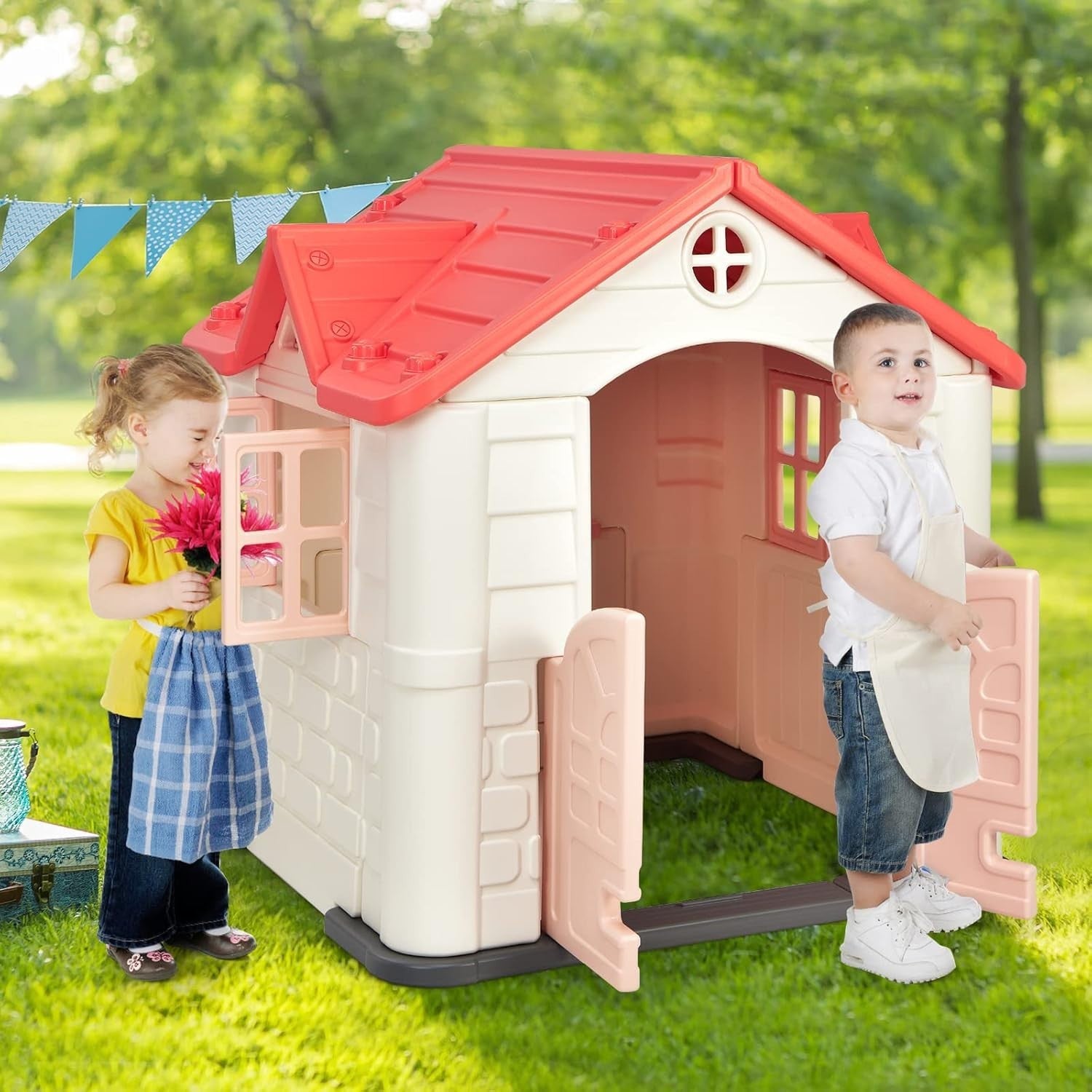 Pink Kids Outdoor Playhouse Cottage with Table Pretend Play Set