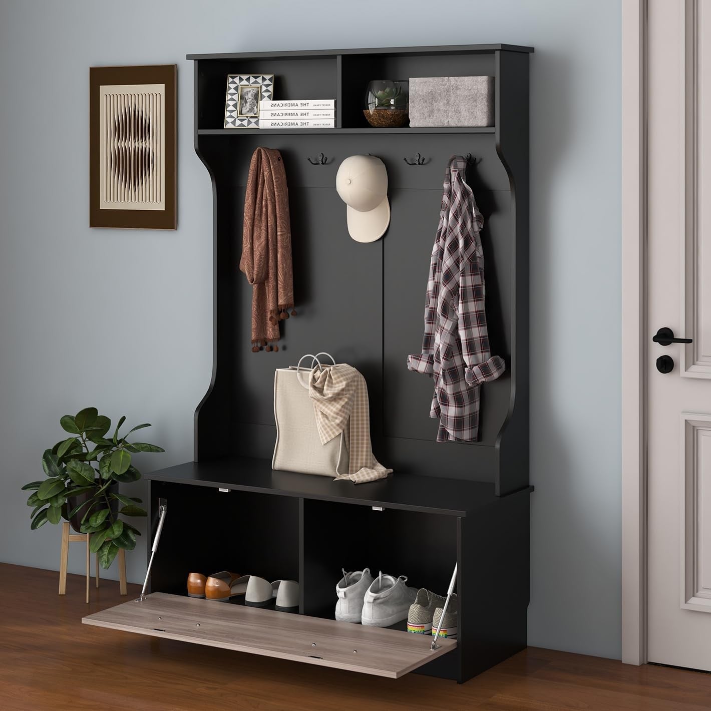 Black Hall Tree Coat Rack with Shoe Bench & Shelves Freestanding Entryway Unit