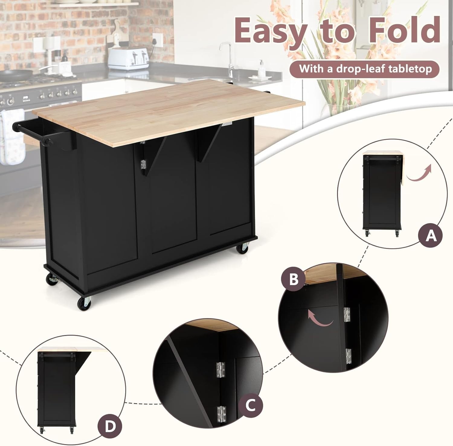 Rolling Kitchen Island Cart with Extendable Top, 3 Drawers & Shelves