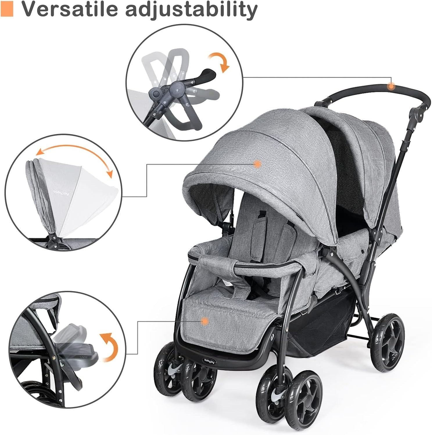 Double Baby Stroller Tandem Pushchair Adjustable Handle Foldable 30kg