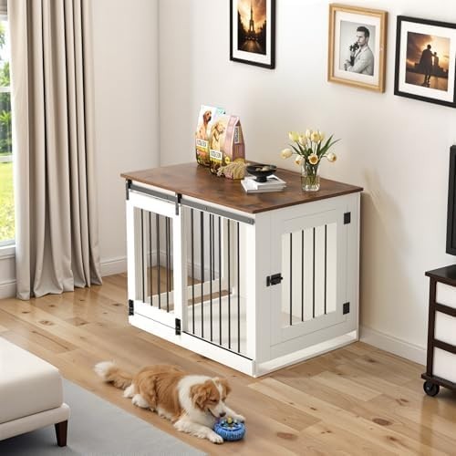 Wooden Dog Crate Furniture White – Indoor Small/Medium Pet Kennel