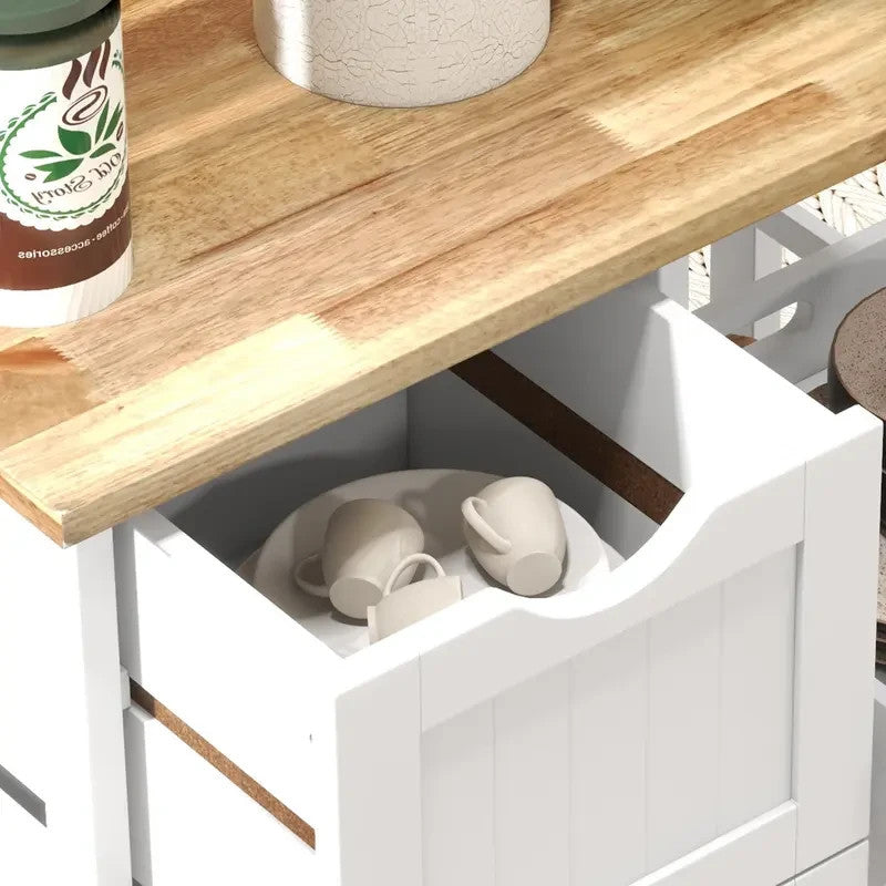 White Kitchen Island Cart with Drawers Shelves Tray & Wood Top on Wheels