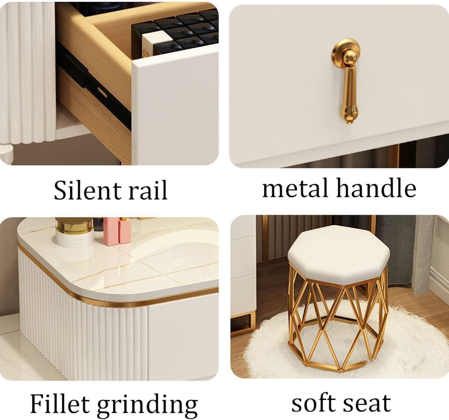Modern Vanity Makeup Dressing Table Set LED Mirror Wireless Charger Grey/White