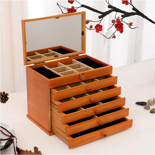 Large Wooden Jewelry Cabinet with Lock 5 Drawer Organizer for Rings Necklaces