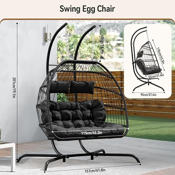 2 Seater Hanging Egg Chair with Stand – Foldable Rattan Hammock Set