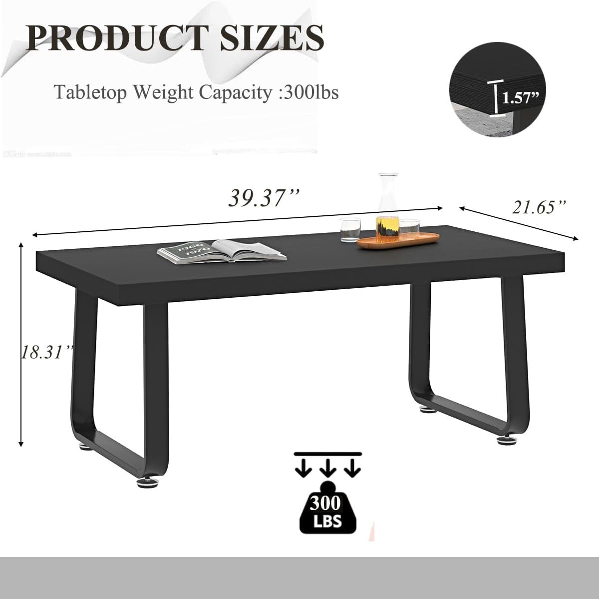 Modern Black Wood & Metal Coffee Table 100x60x46.5cm Industrial Farmhouse