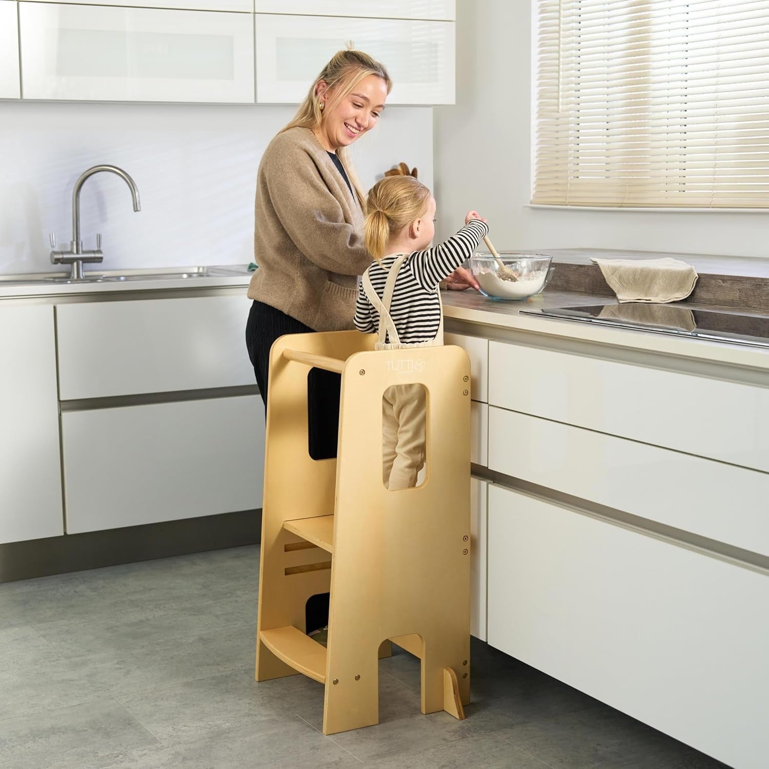 Toddler Learning Tower Stool with 3 Adjustable Heights & Anti-Tip Safety