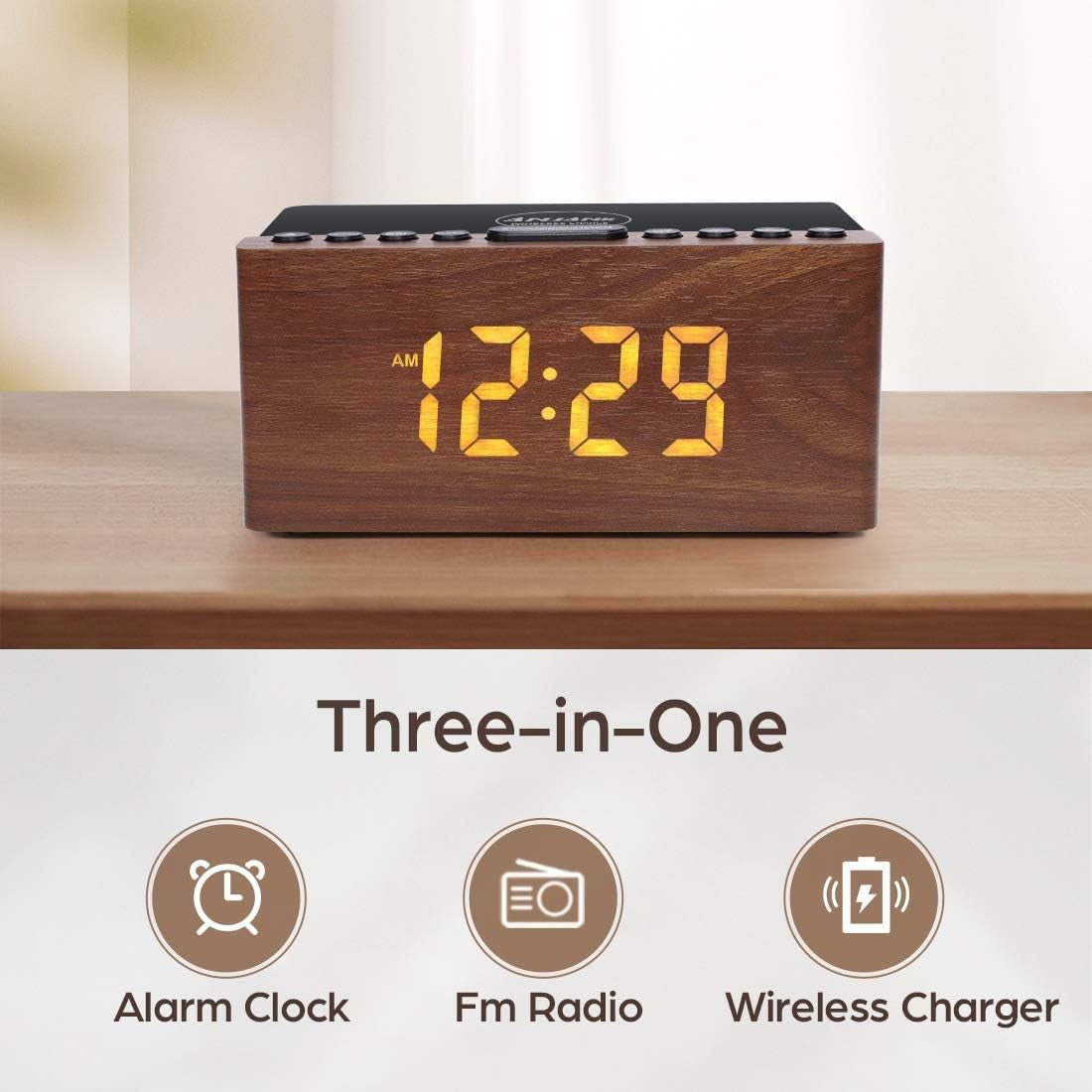 Wooden FM Radio Alarm Clock Wireless Charger USB Bedside Digital Display