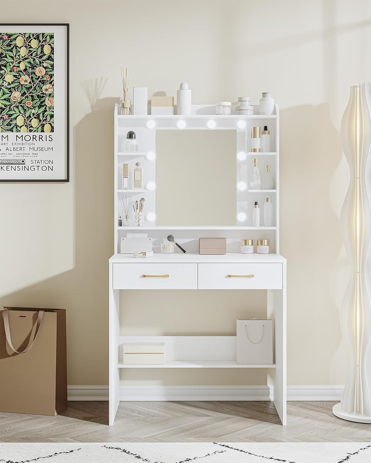 White Dressing Table Makeup Vanity Desk LED Lights Mirror Storage Drawers
