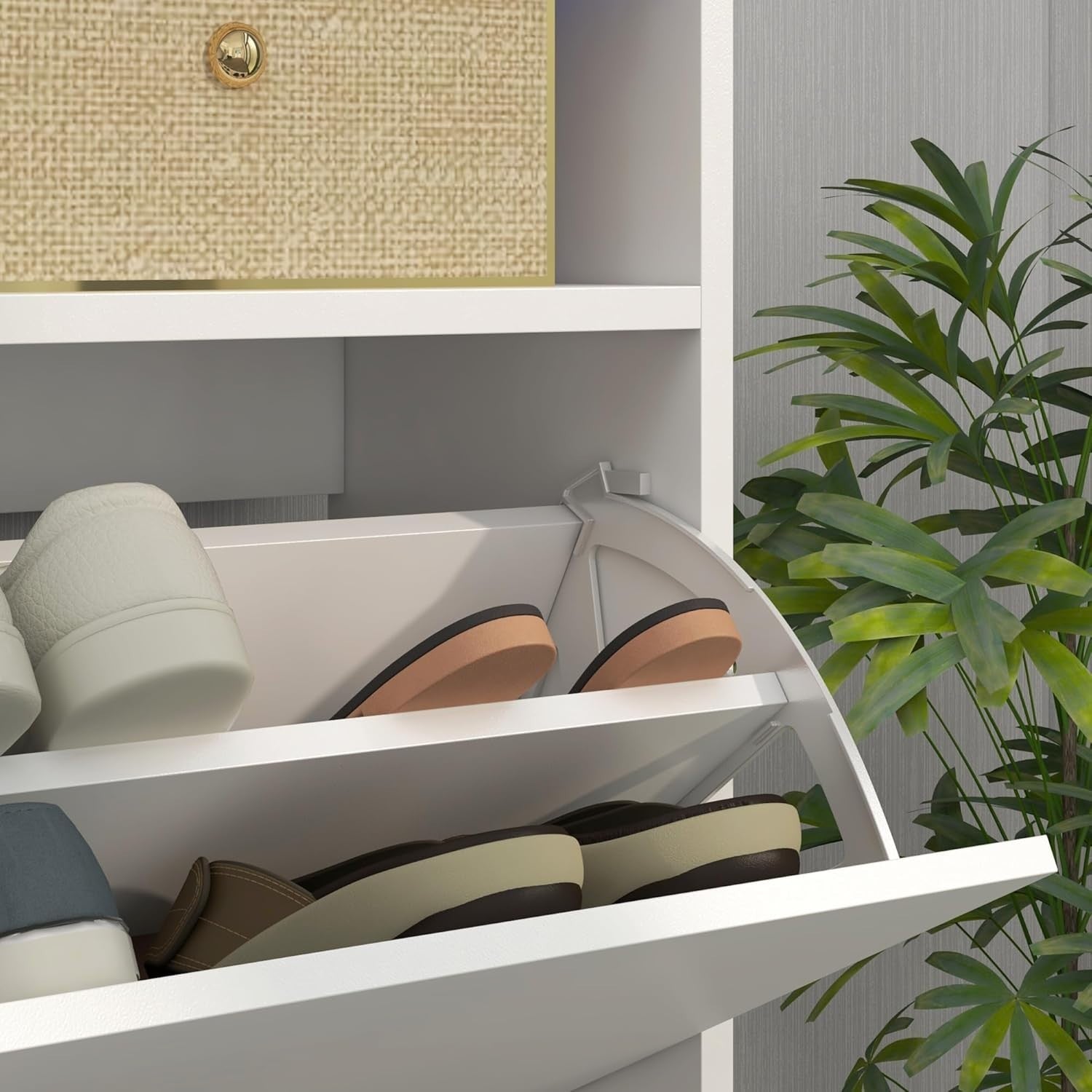 Slim Shoe Cabinet 12-16 Pair Storage with Flip Drawers & Adjustable Shelves