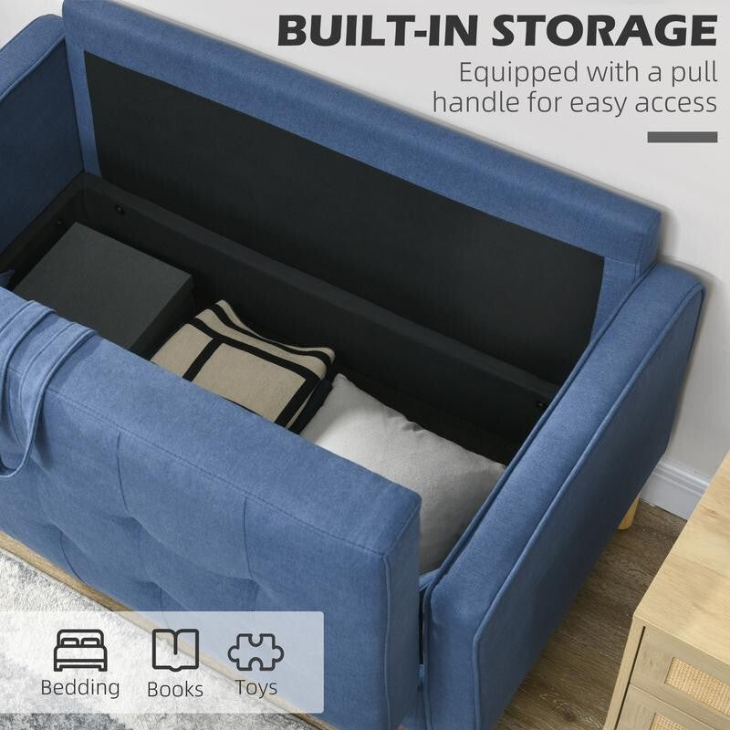 2 Seater Sofa Blue Storage Couch Tufted Fabric Compact Seat Wooden Legs
