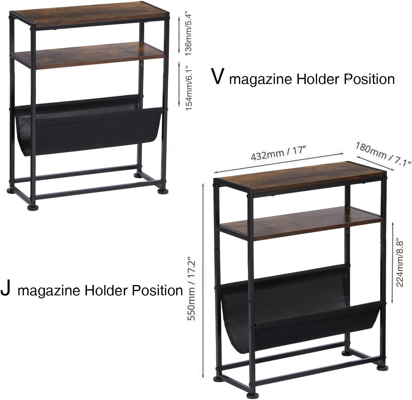 Slim Rustic Side Table with Magazine Rack – Narrow End Table for Sofa Bed