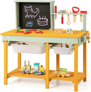 Wooden Kids Workbench Tool Set w/ Chalkboard Baskets Storage Pretend Play