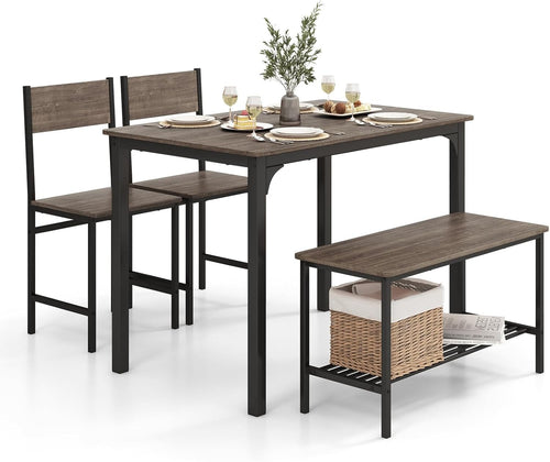 Industrial 4-Piece Dining Set with Bench & Storage Rack – Compact & Stylish