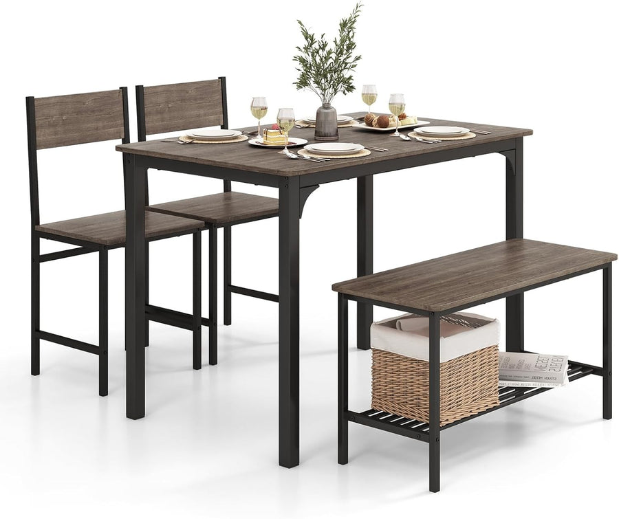 Industrial 4-Piece Dining Set with Bench & Storage Rack – Compact & Stylish
