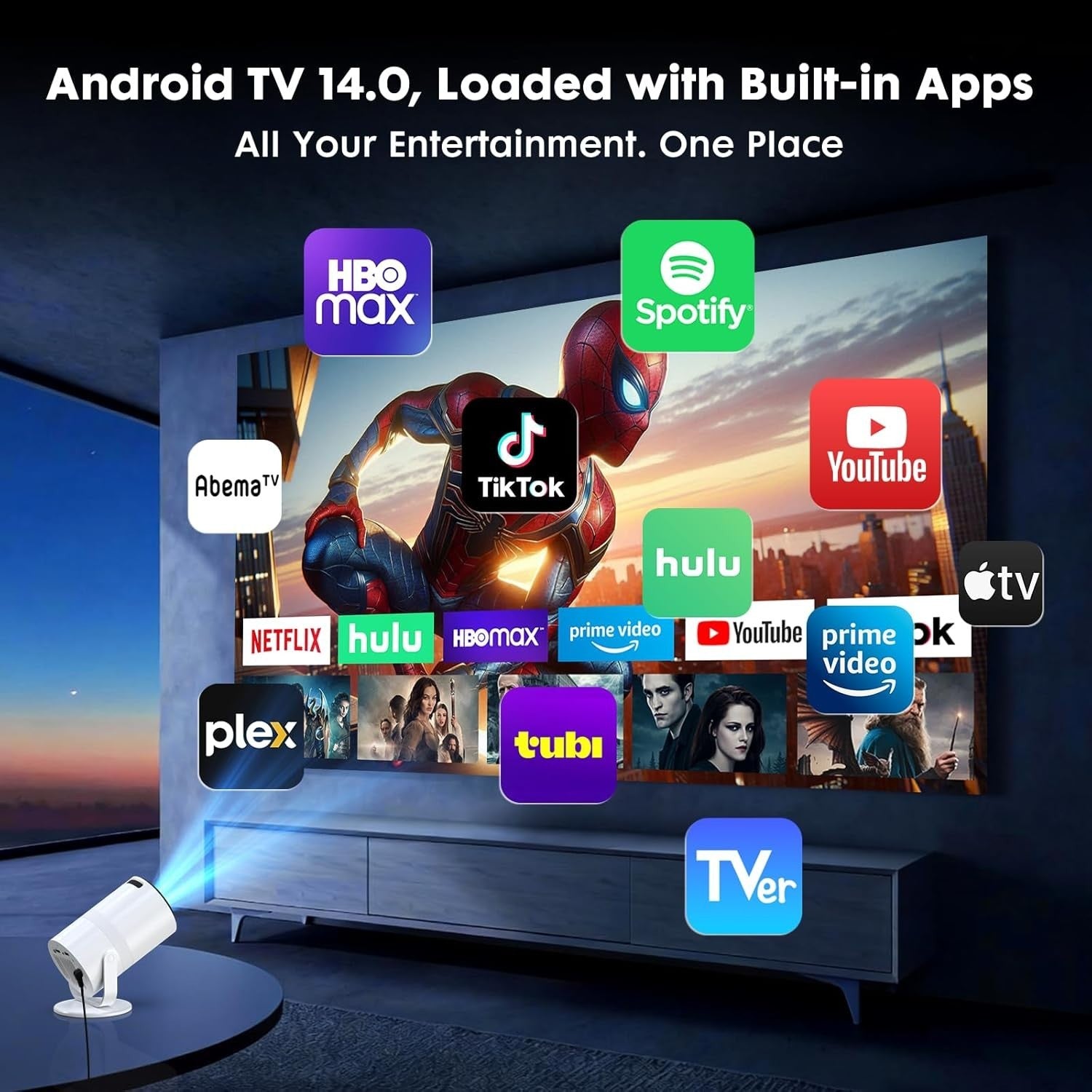 Android 14 WiFi 6 Mini Projector 1080P Bluetooth 180° Portable