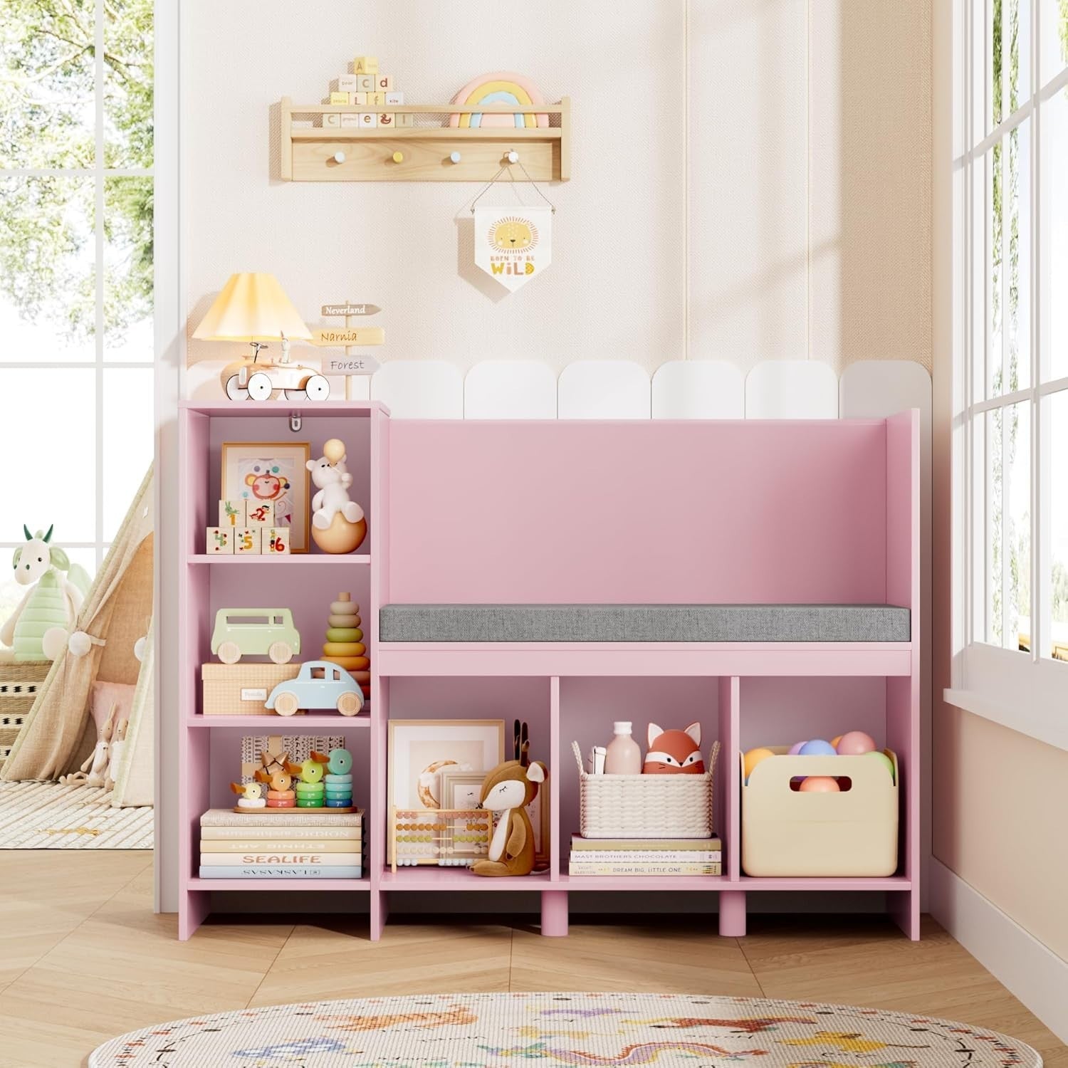 Kids Bookcase with Seat Cushion 6 Cube Toy Storage Shelf Bench Pink 110cm