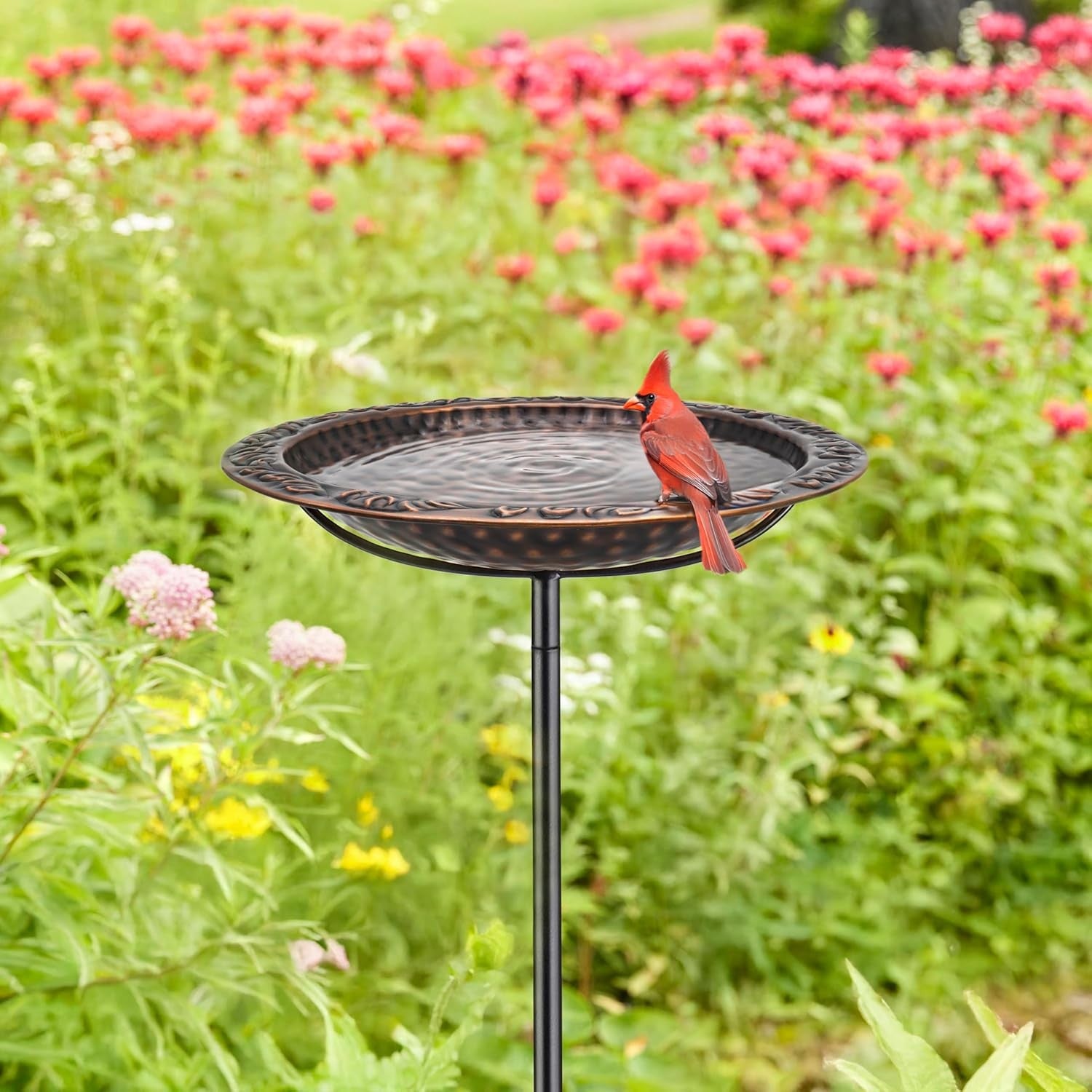 13” Bronze Bird Bath on Pole | Outdoor Garden Water Bowl Feature Metal