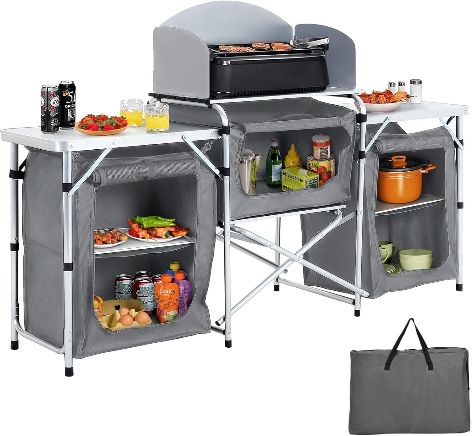 Portable Outdoor Camping Kitchen Storage Unit with Foldable Workspaces