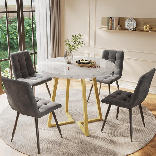 80cm Round Marble Dining Table Set with 4 Velvet Chairs – Modern Kitchen