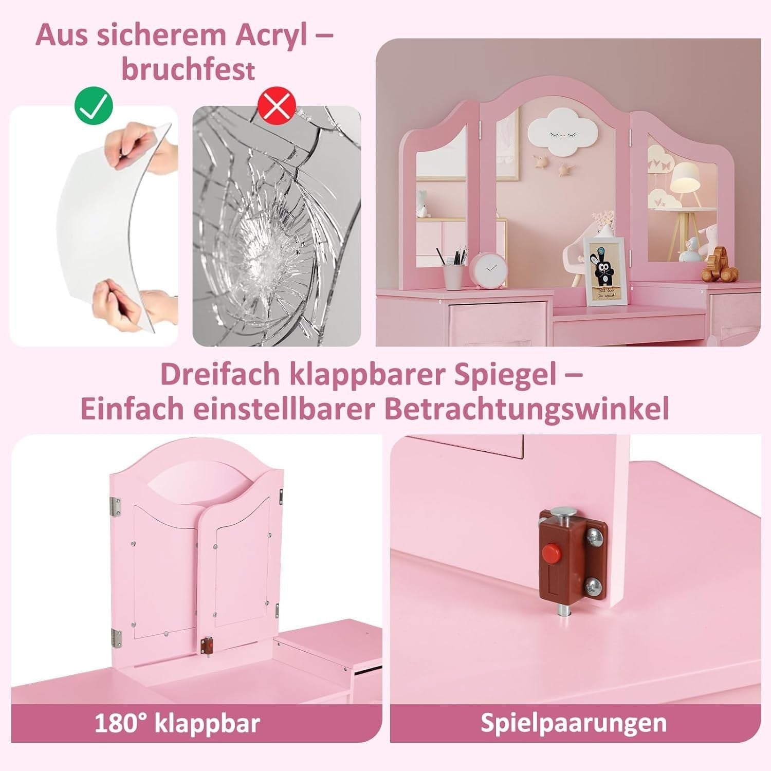 Kids Vanity Table & Chair Set w/ Mirror & Storage – Pink Makeup Desk for Girls