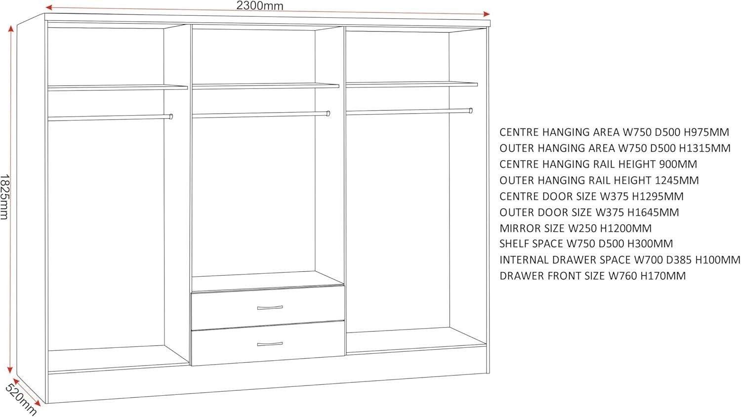 Large 6-Door Grey & Oak Wardrobe with Mirrors & 2 Drawers | Secure Storage