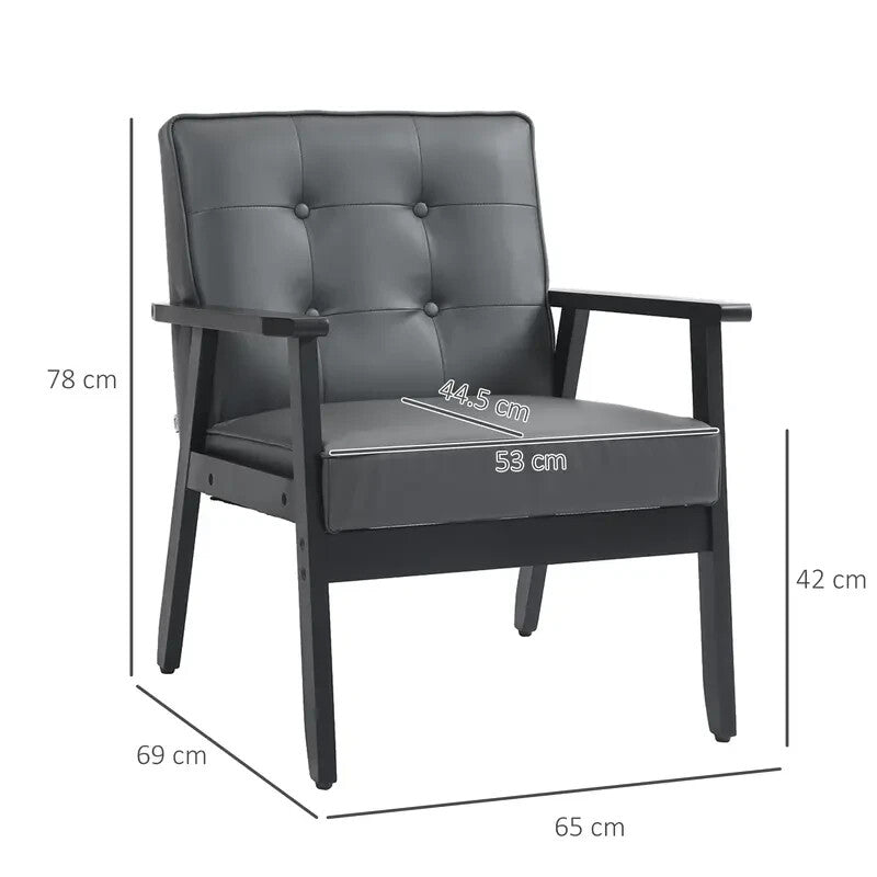 Grey PU Leather Armchair Retro Lounge Chair Wood Frame for Living Room