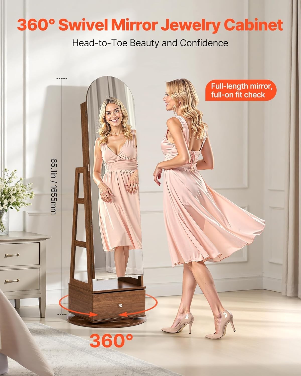 Rotating Jewelry Armoire 360 Swivel Full Length Mirror Lockable Storage
