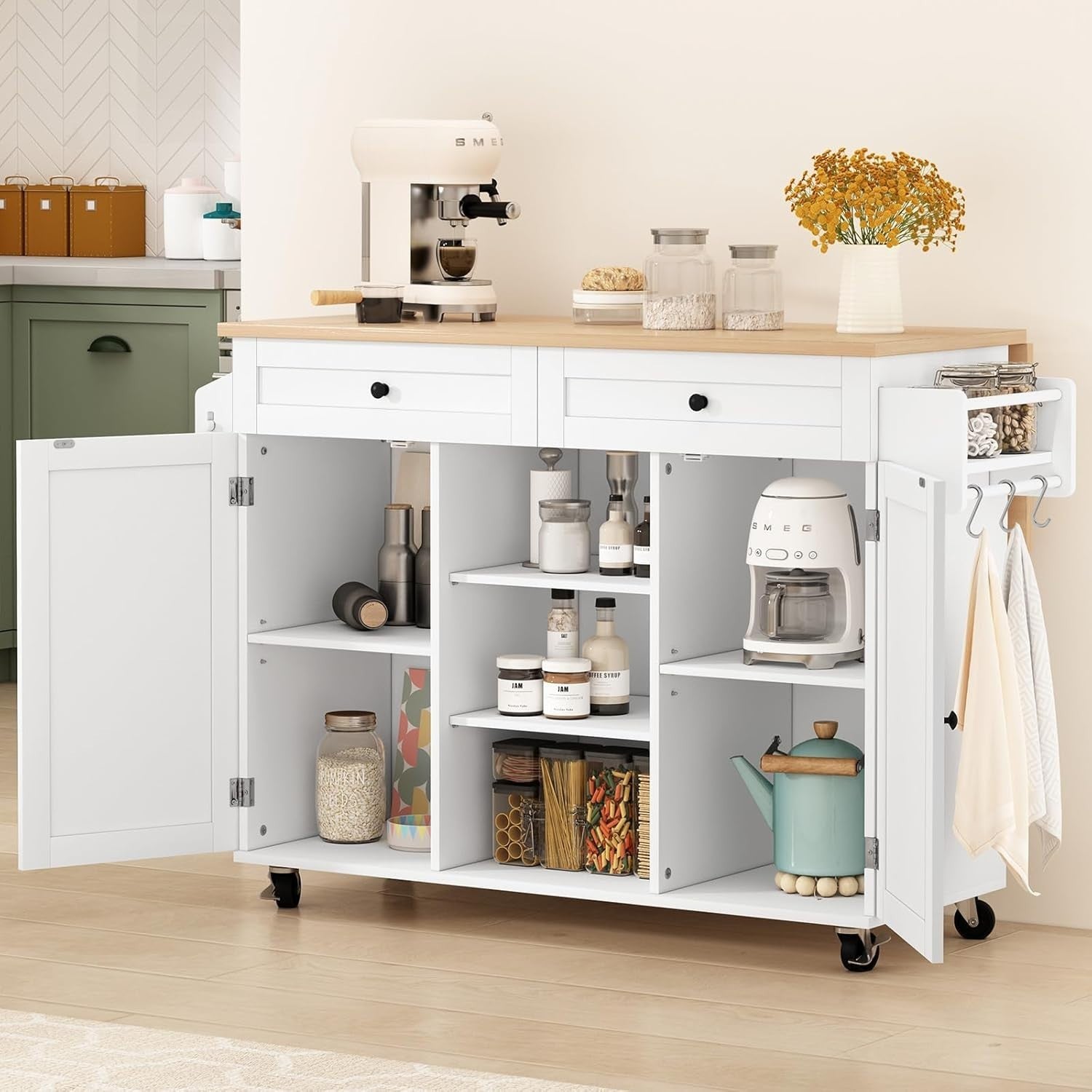 White Kitchen Island Trolley with Drop Leaf, Storage & Wheels – Rubberwood
