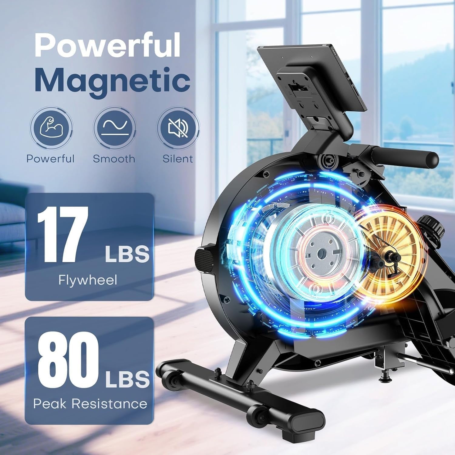 Wood Magnetic Rowing Machine 16-Level Quiet Dual Rail Foldable Home Rower 350lb