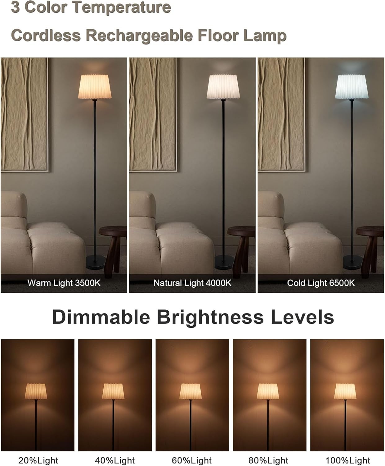 Cordless Floor Lamp Rechargeable Battery Remote Dimmable Portable 57in Light