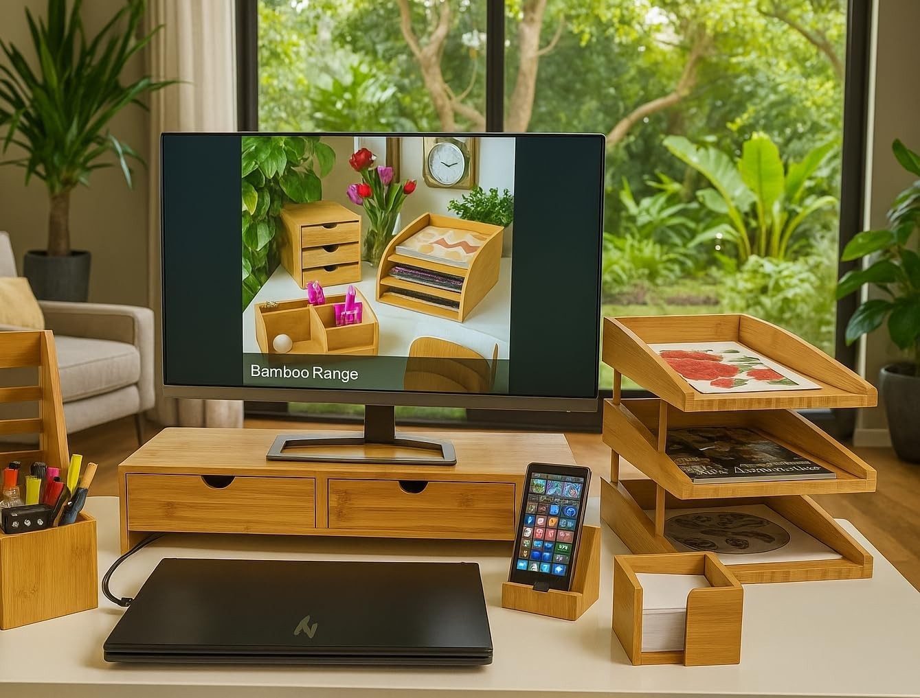 Stackable Bamboo Letter Trays with Risers | Desk File Organiser | Paper Storage