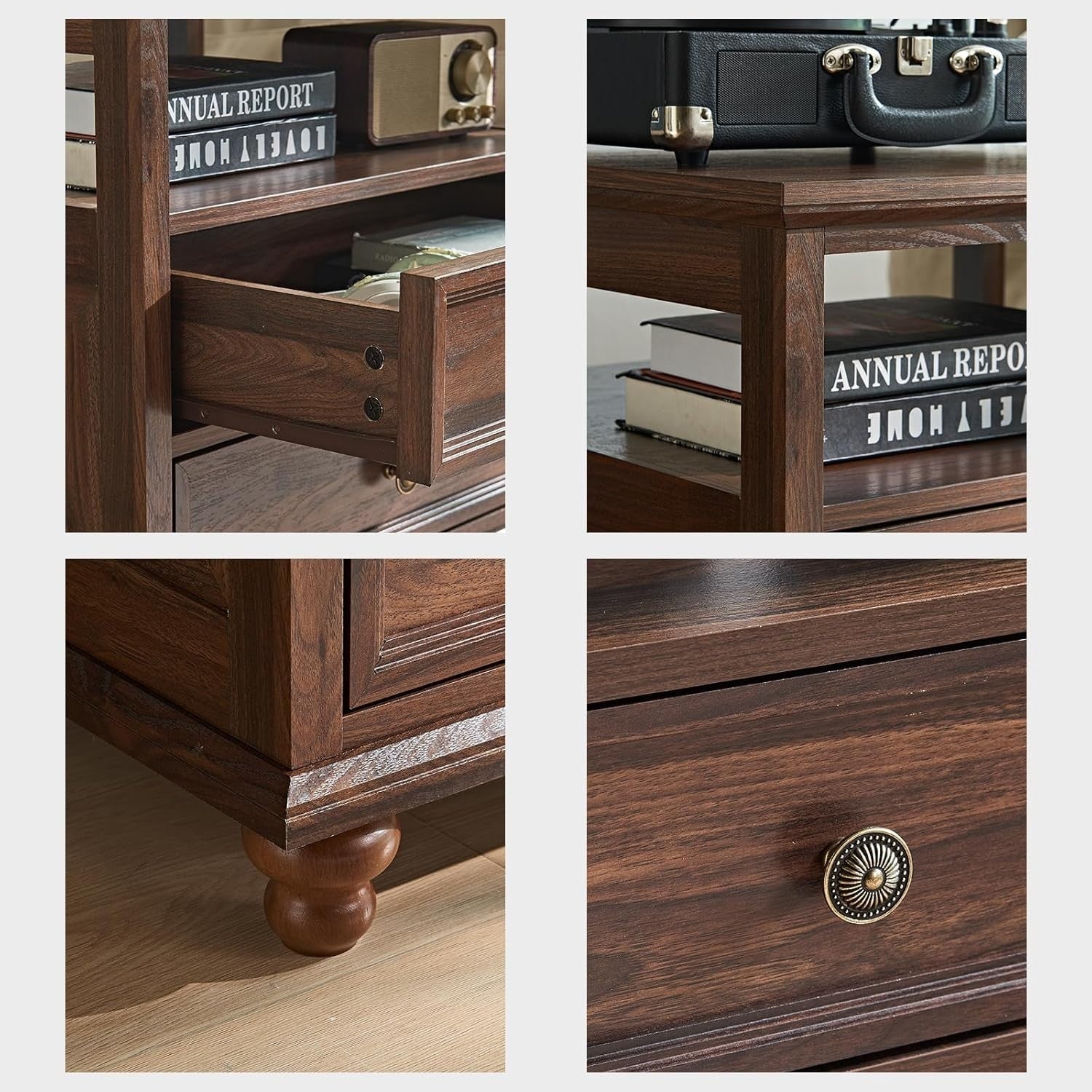 Brown Wooden Bedside Table with Drawers & Shelf