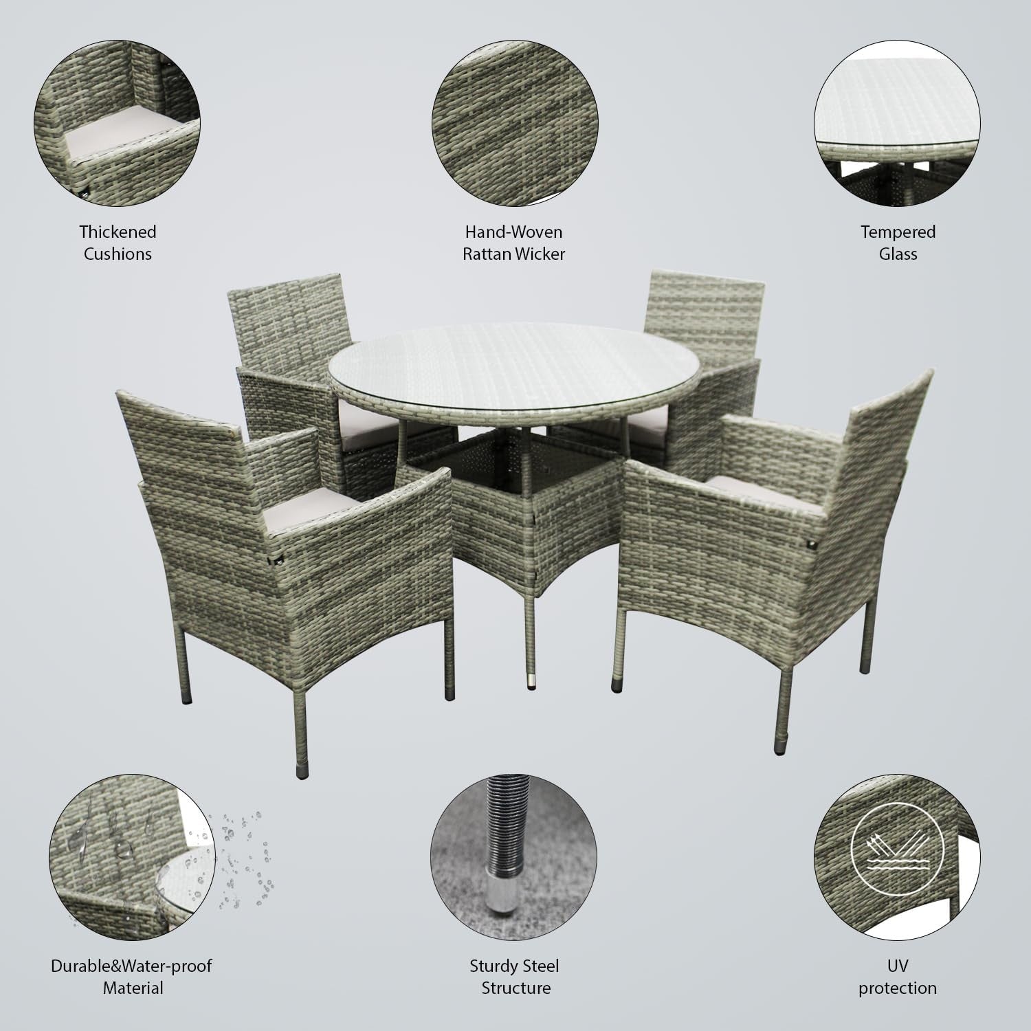 4 Seater Rattan Garden Set Round Table & Cushions Outdoor Patio Dining