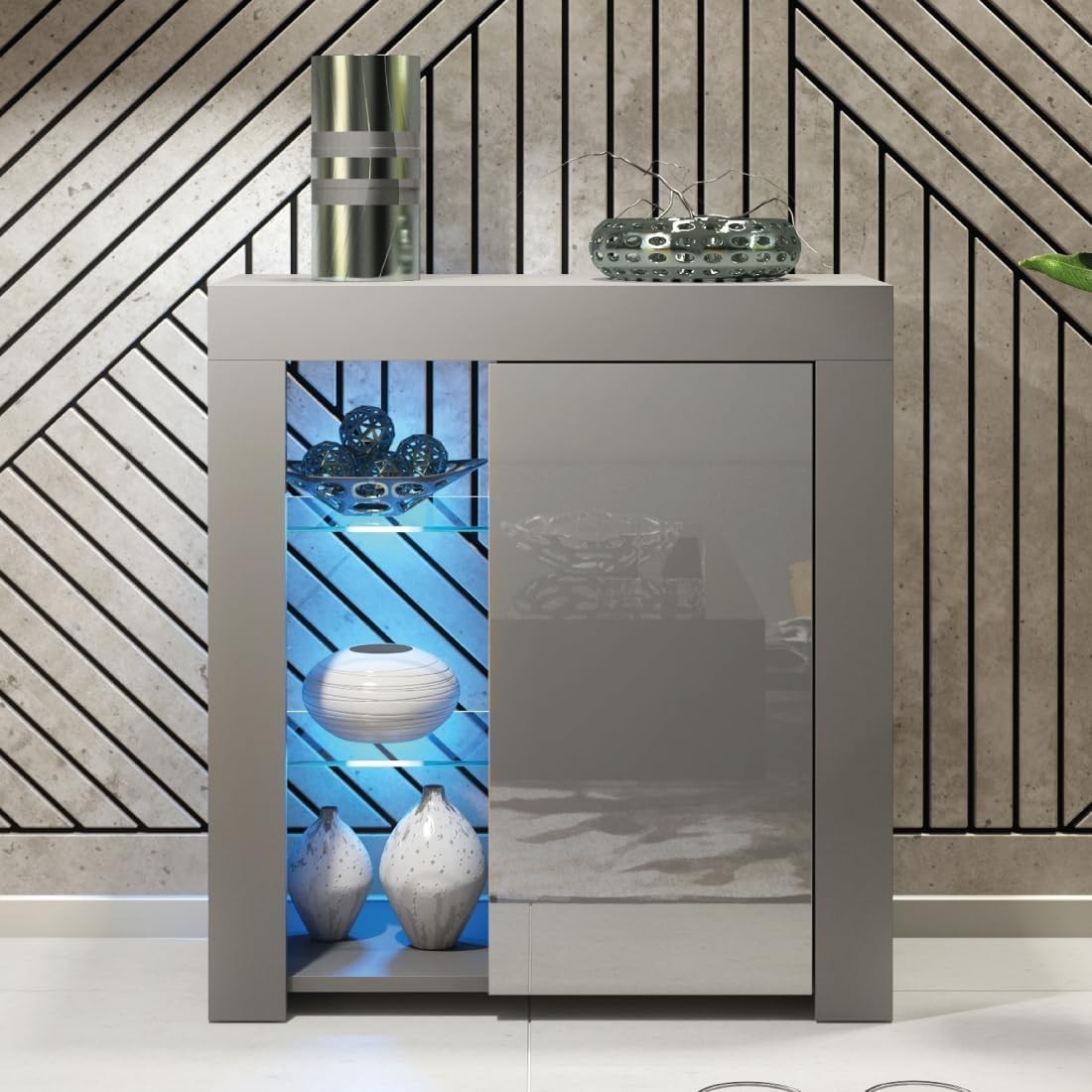 Modern Grey LED Sideboard Cabinet Gloss Door Storage Unit Floor Mount 83cm