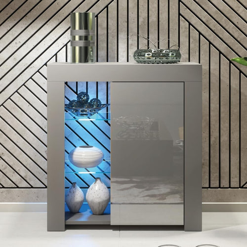 Modern Grey LED Sideboard Cabinet Gloss Door Storage Unit Floor Mount 83cm