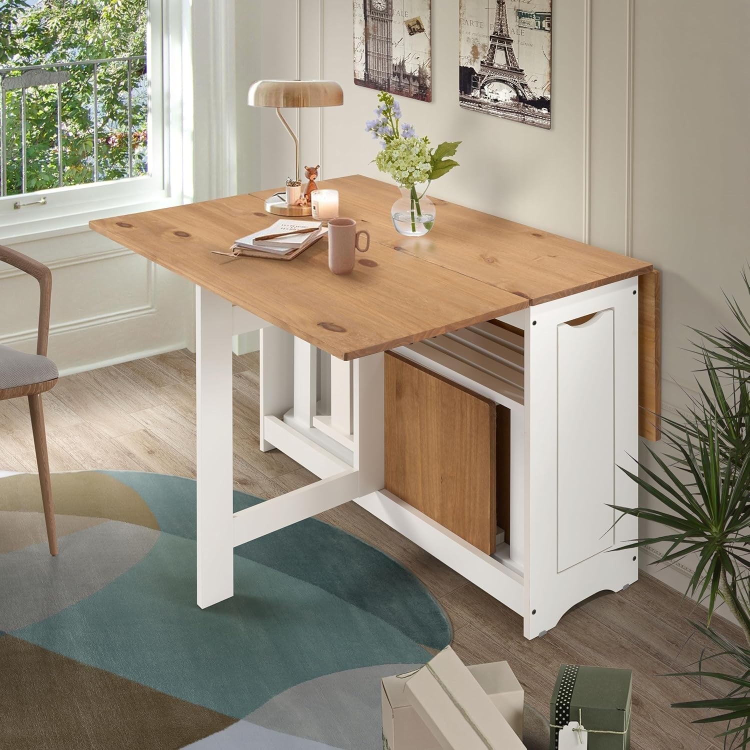 White Folding Dining Set for Small Spaces | Distressed Waxed Pine Table +4