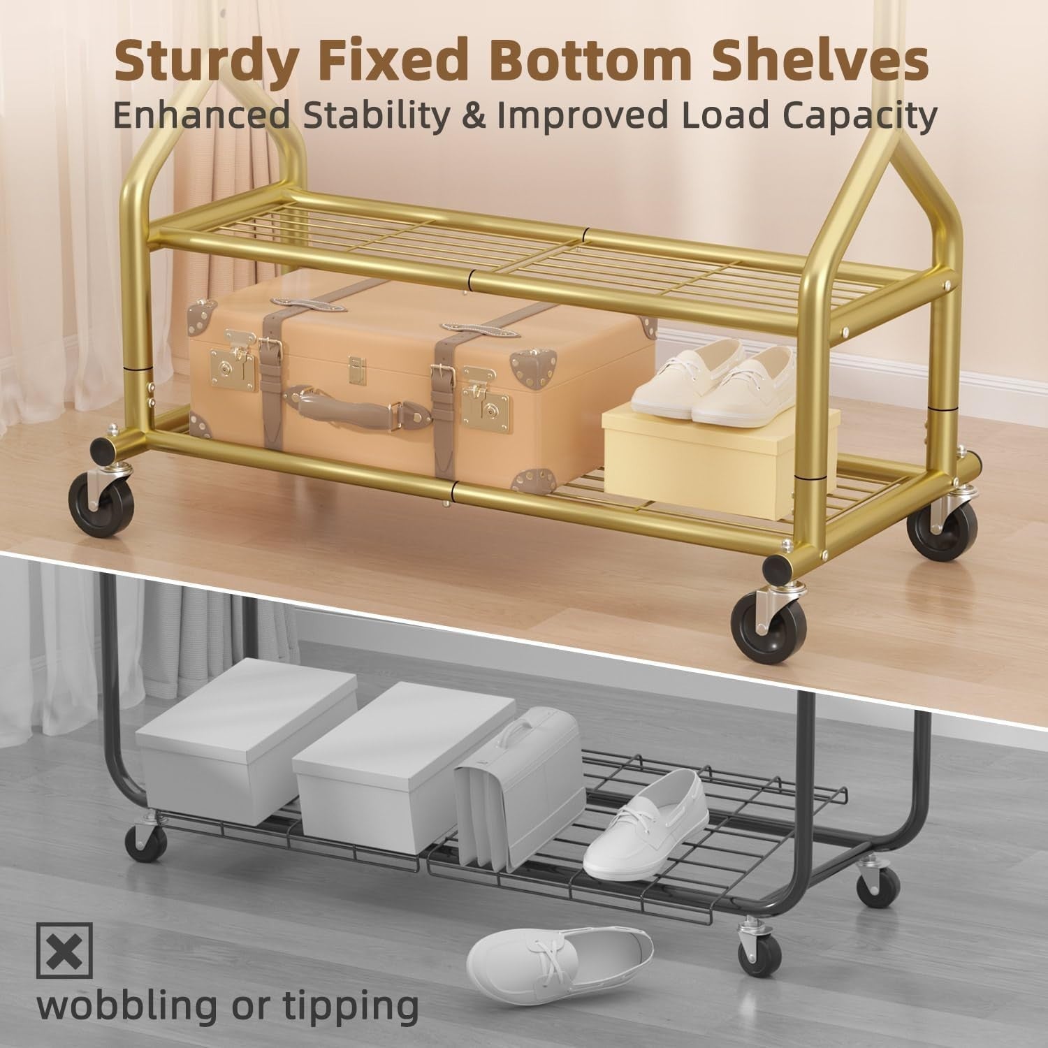 Gold Heavy Duty 252KG Clothes Rail With Shelves & Wheels