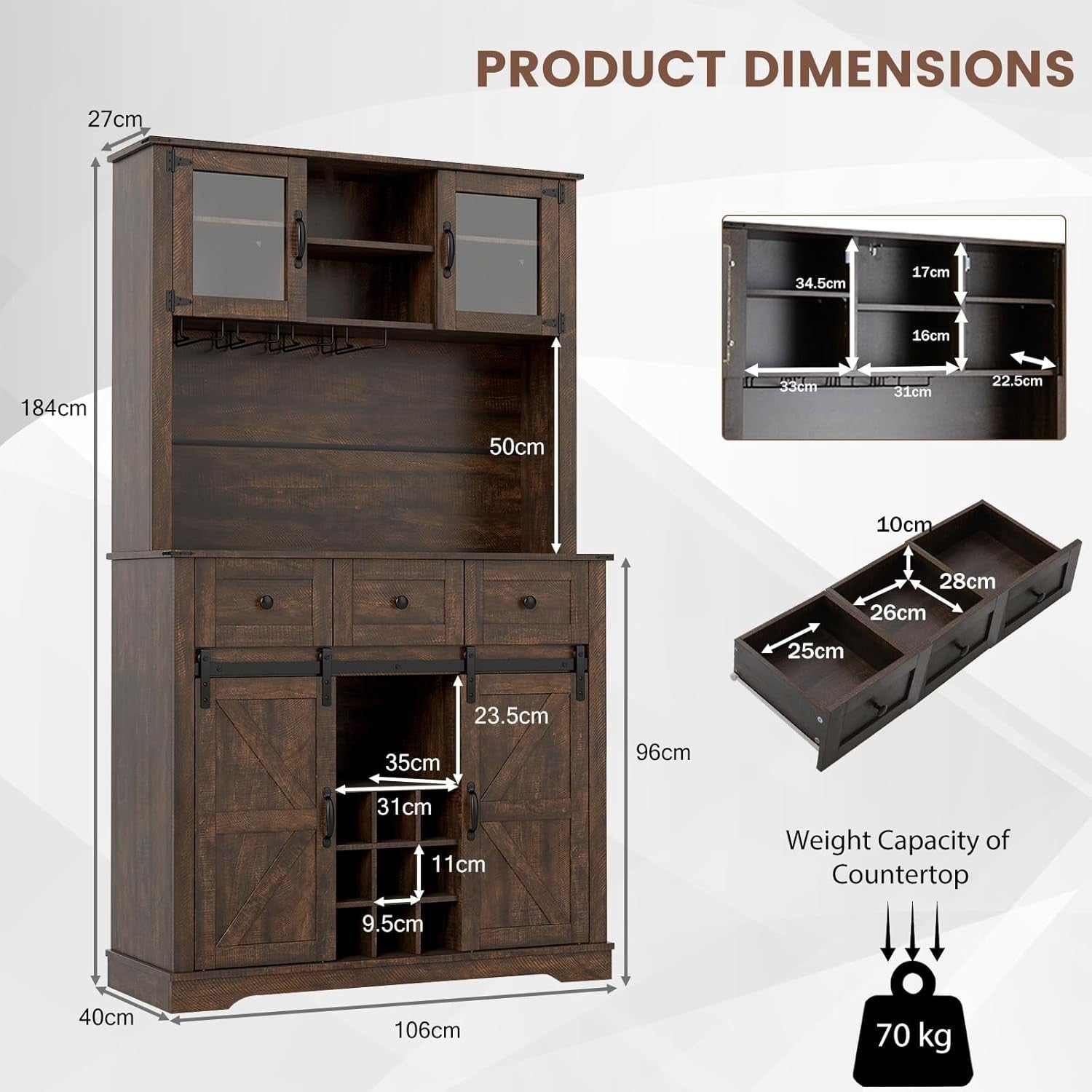 184cm Tall Kitchen Cupboard Brown | 4-Door Wine Rack Sideboard