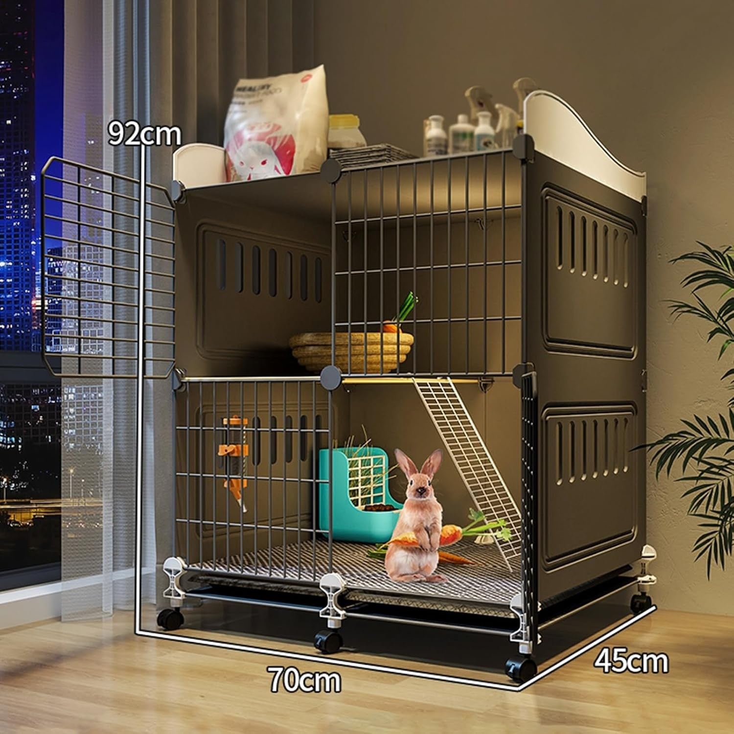 Indoor Rabbit Hutch with Wheels 2 Tier Bunny Cage Easy Clean Run Tray