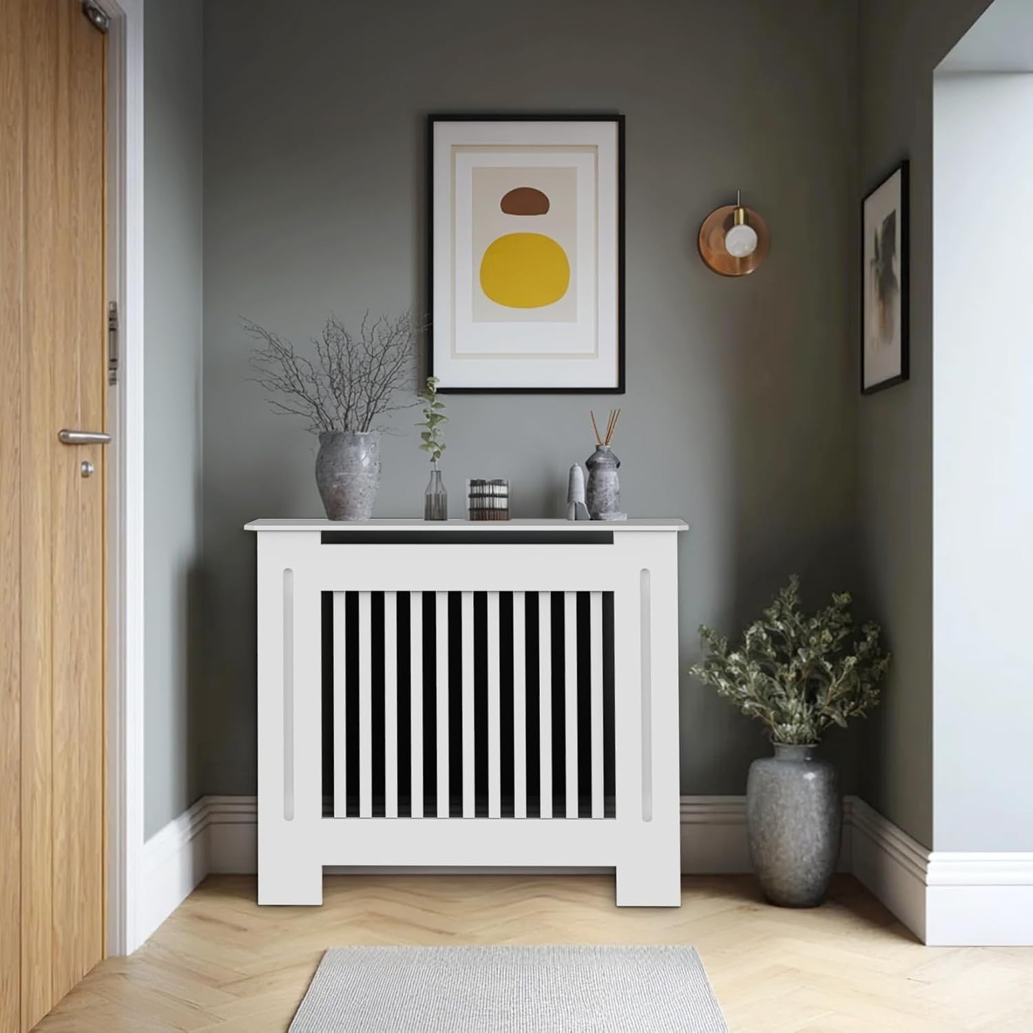 Small White Radiator Cover Cabinet 101cm Tall MDF Vertical Slat Heater Cover