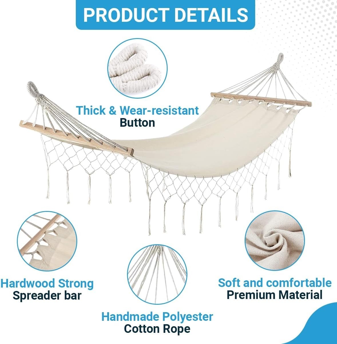 Beige Cotton Hammock with Fringe | Spreader Bar + Carry Bag | Solo Outdoor Swing