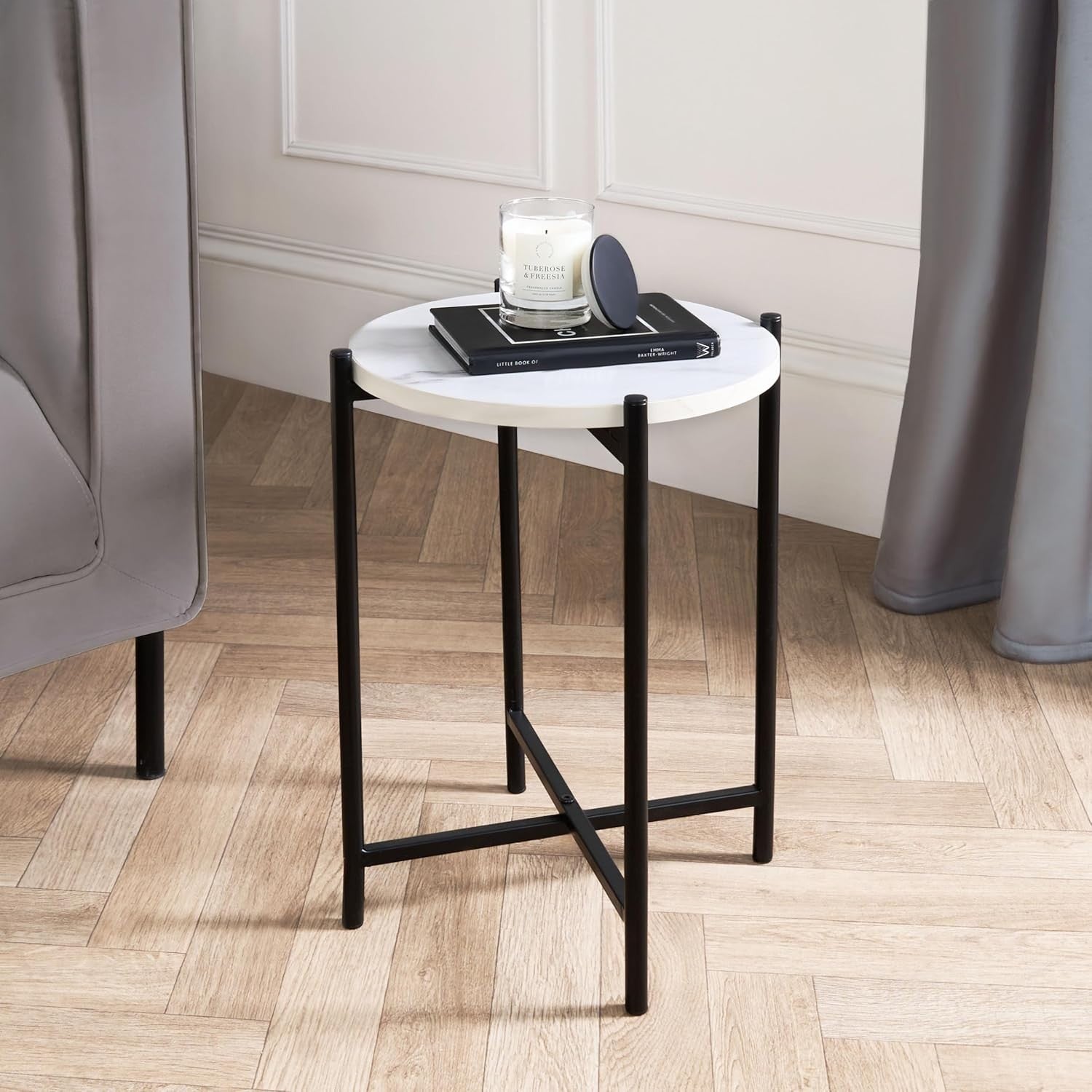 Round White Marble Top Side Table Small Coffee End Table for Living Room