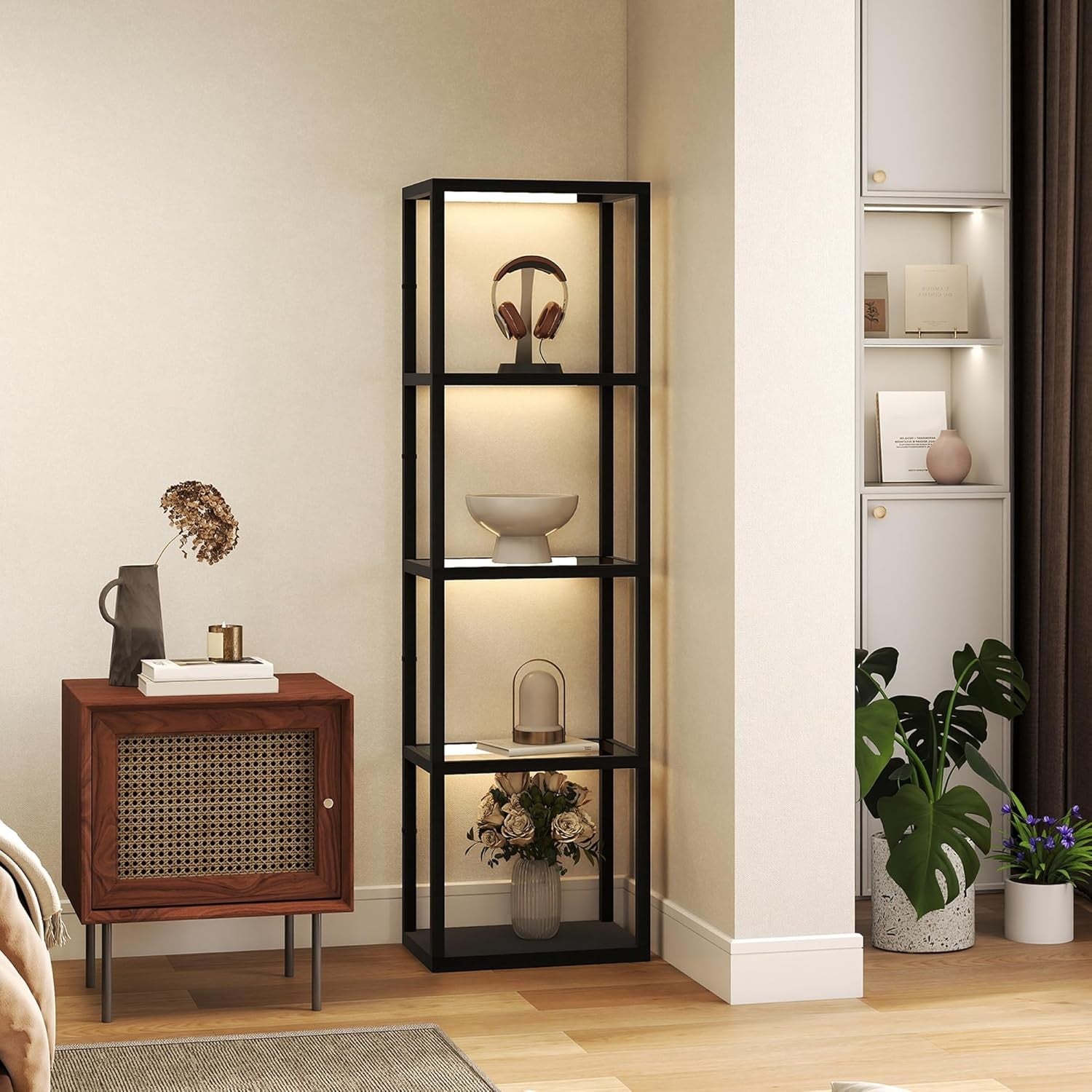 Tall Floor Lamp with Glass Shelves Dimmable Column Storage LED Standing Light