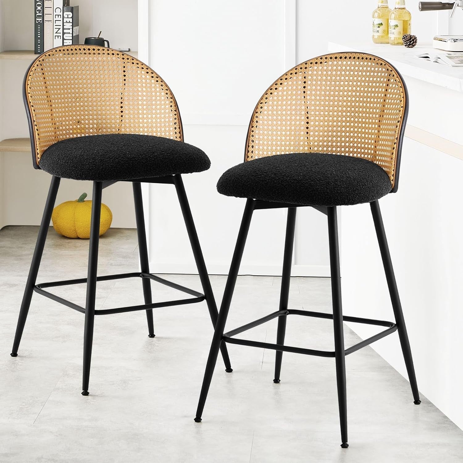 Swivel Rattan Counter Stools Set of 2 Upholstered Seats Kitchen Island Chairs