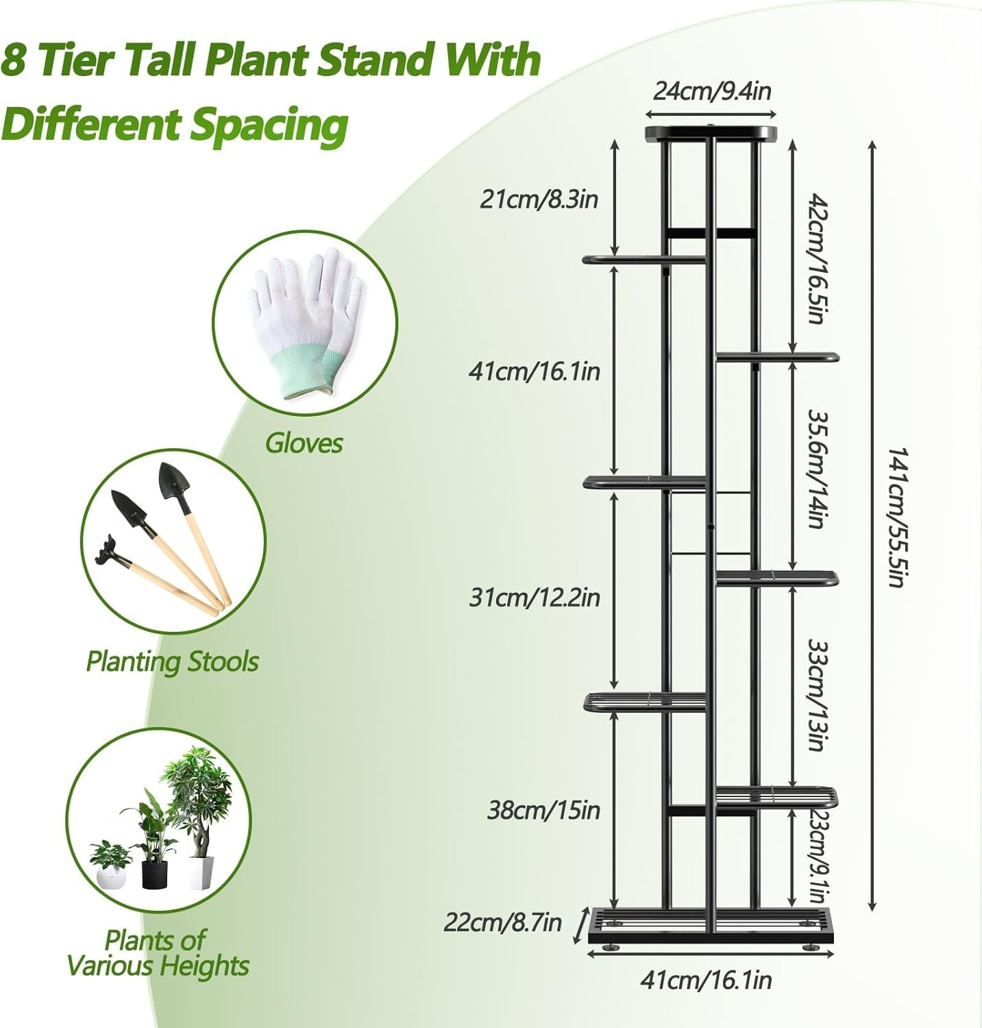 8 Tier Tall Black Metal Plant Stand Indoor Outdoor Flower Shelf with Tools Set