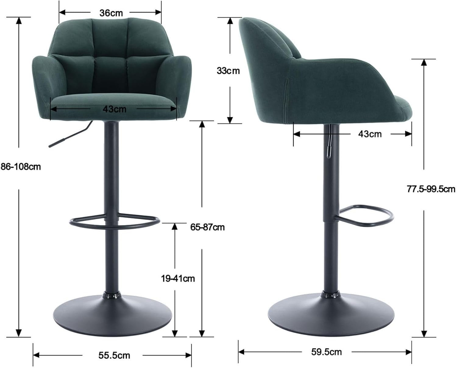 Adjustable Green Velvet Bar Stools Set of 2 Swivel Kitchen Counter