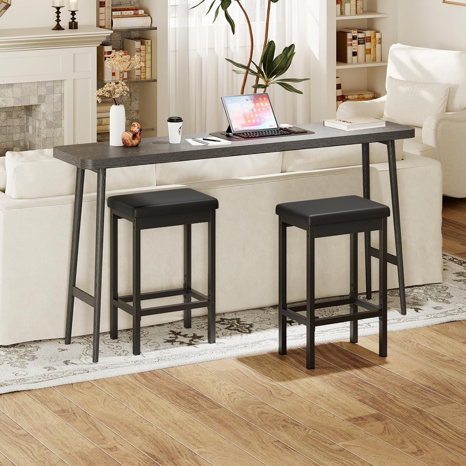 Black PU Leather Bar Stool Set 2 – 63cm High Kitchen & Breakfast Chairs