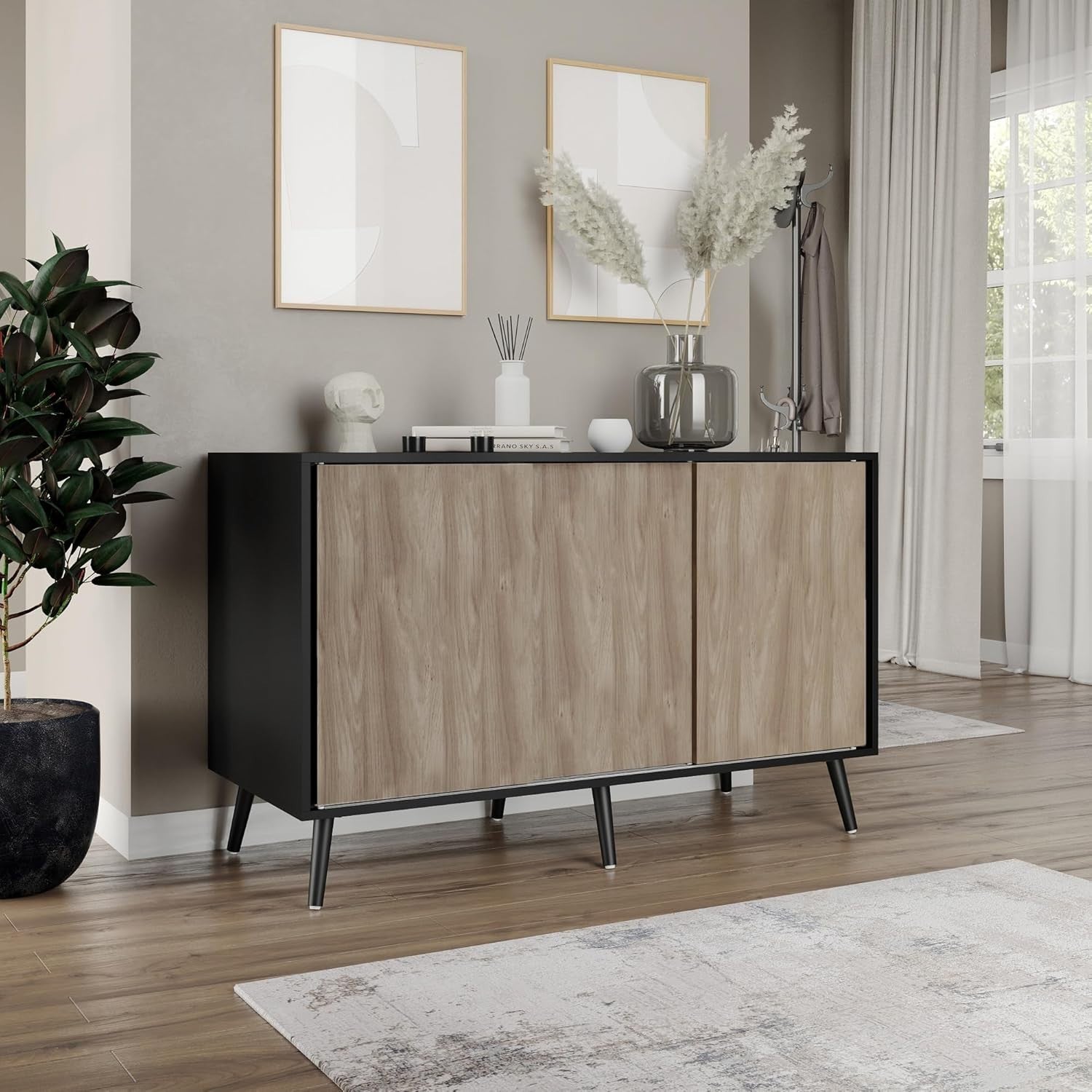 3 Oak Door Sliding Sideboard Cabinet Wooden Black Leg Modern Storage Organizer