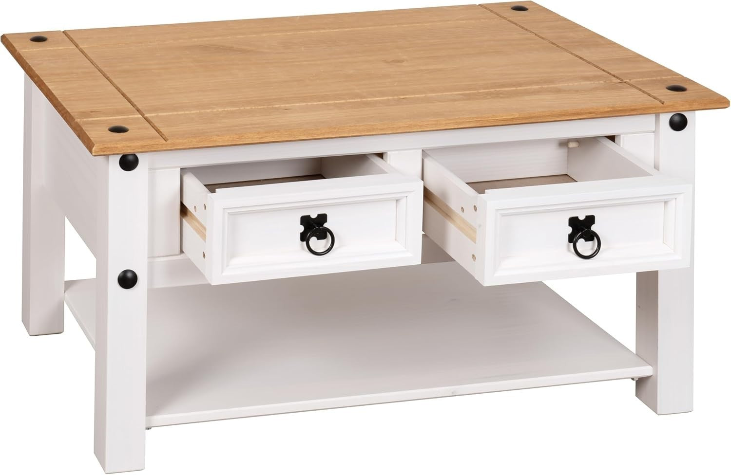 Solid Pine White Coffee Table with 2 Drawers Mexican Style 85x50x45cm